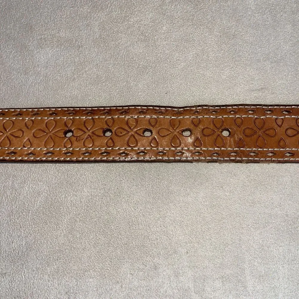 Lauren Ralph Lauren Tooled Brown Leather Belt Flower Pattern Women SZ‎ L 9101304